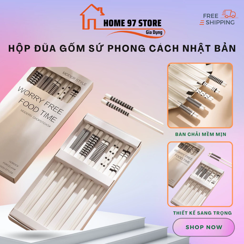 Hộp Đũa Gốm Sứ Phong Cách Nhật Bản. Hộp 5 Đôi Đũa Sứ Kháng Khuẩn - Đôi Đũa Sứ Phong Cách Hoa Văn Nhật Bản