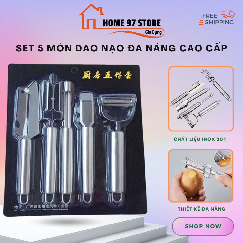 Set 5 Món Dao Nạo Đa Năng Cao Cấp, Dụng Cụ Nạo Gọt Củ Quả Chất Liệu Inox 304
