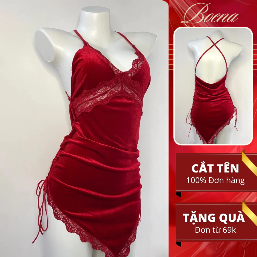 [6905] Đầm Ngủ Nữ Sexy Cosplay TẶNG CHÍP BOENA Phối Ren, Váy Ngủ 2 Dây Nhung Gợi Cảm Quyến Rũ