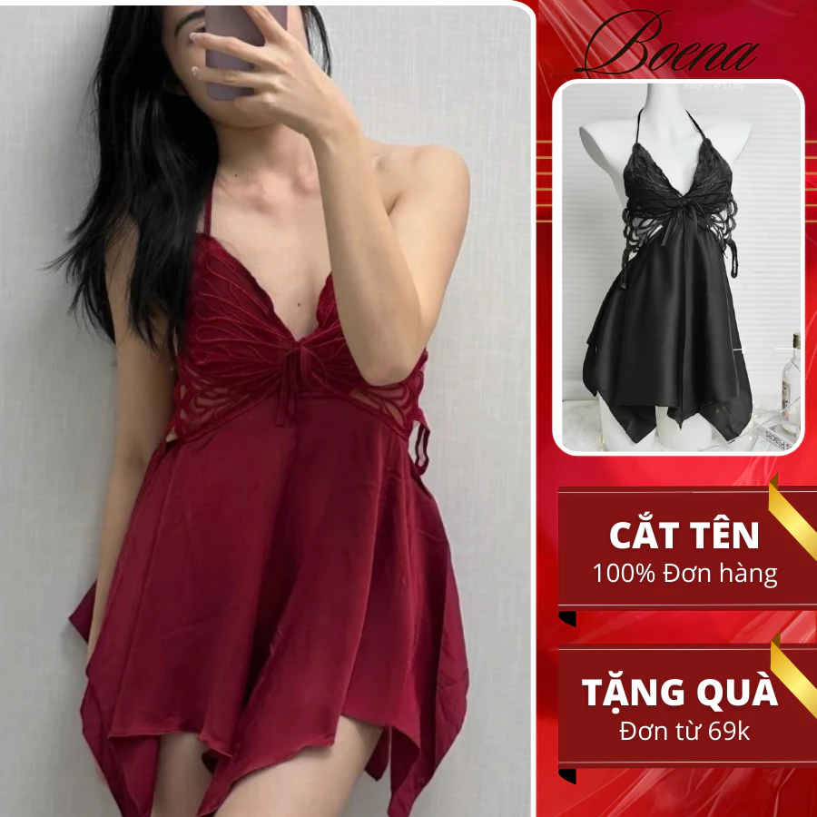 [A04+05] Set Đồ ngủ sexy 2 dây Váy ngủ lụa phối ren gợi cảm Đầm ngủ sexy dáng xòe cánh bướm