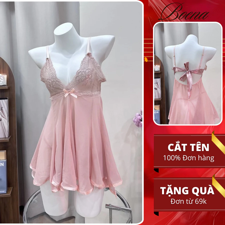 [MÃ VIDEO-6814] Váy ngủ ren thắt nơ sau cosplay gợi cảm đầm hai dây co dãn xuyên thấu quyến rũ kèm quần lọt khe - Boena