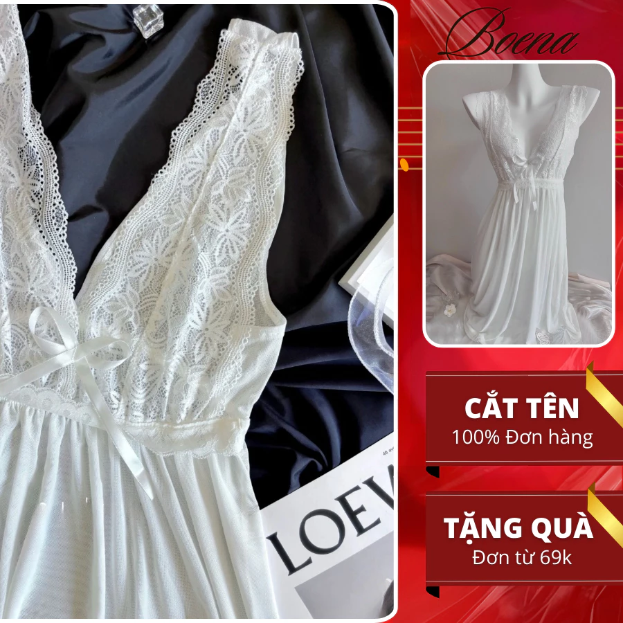 [A15] Đầm Ngủ Voan Mỏng 2 Dây Bản To BOENA Dáng Dài Nàng Thơ Cổ V Ren Hoa Thắt Lưng Gợi Cảm