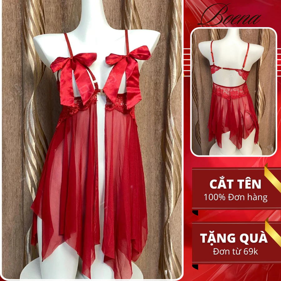 [6807] Đầm Ngủ 2 Dây Thắt Nơ Ngực BOENA  Xuyên Thấu Xẻ Tà Trước Gợi