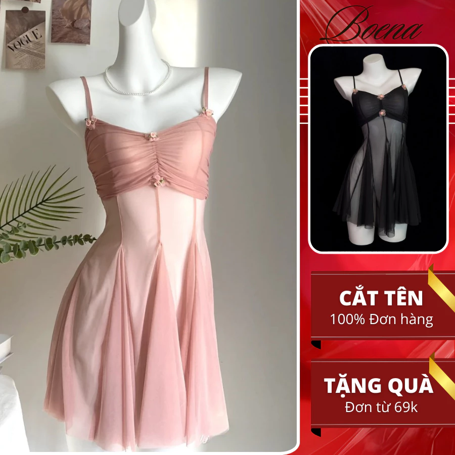 [A17] Đầm Ngủ 2 Dây Xuyên Thấu BOENA  Váy Ngủ Đính Hoa Ngực Gợi Cảm Nhẹ Nhàng