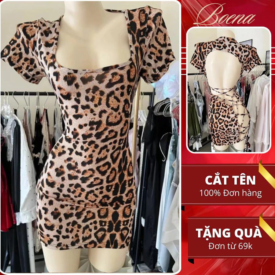 [6856] Đầm Body Da Báo BOENA Buộc Dây, Váy Ngủ Bó Sát Sexy Gợi Cảm