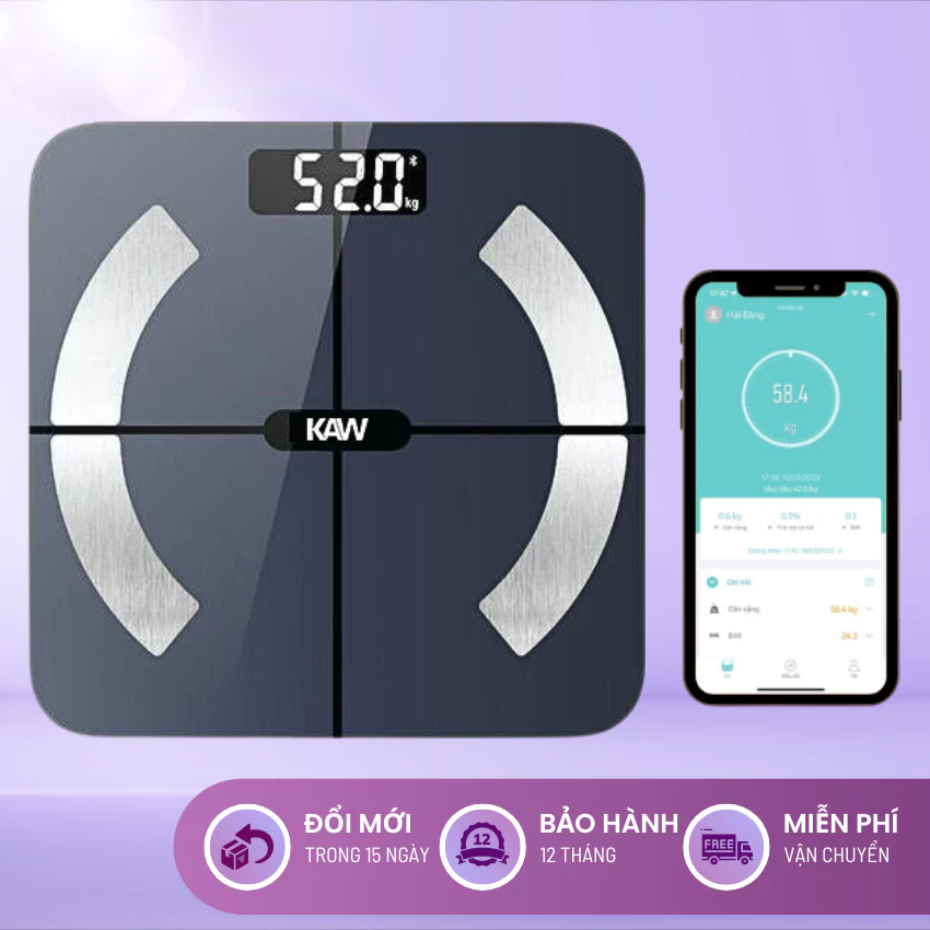 Cân điện tử sức khỏe KAW kết nối bluetooth phân tích chỉ số cơ thể đo tỷ mỡ, béo phì