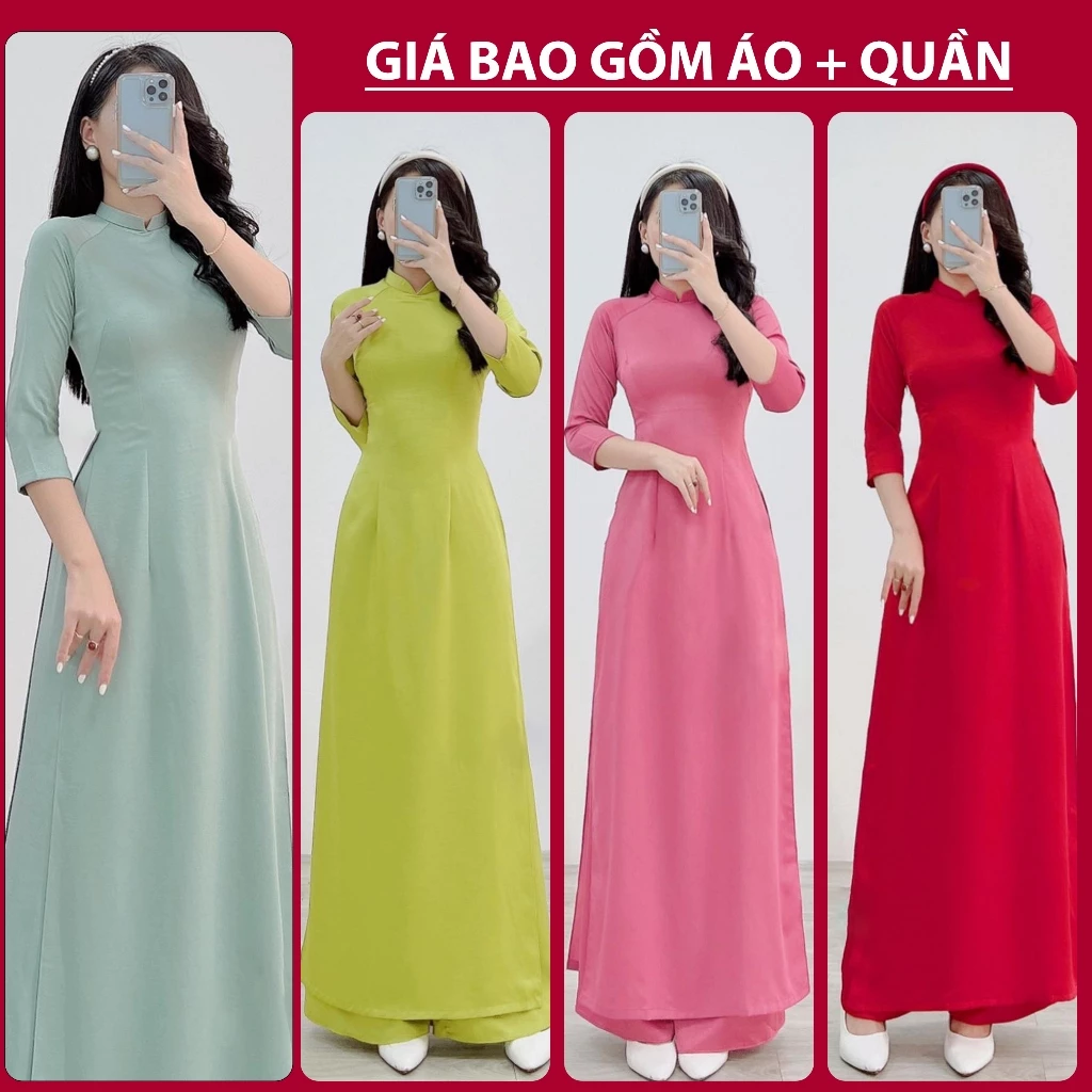 Bộ áo dài trơn, vải lụa Tây Thi, dáng truyền thống, tà A, Cổ chữ V, tay lỡ