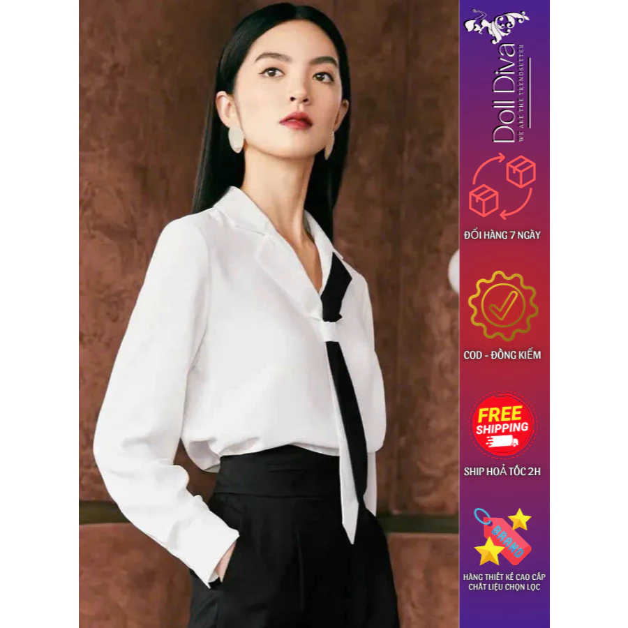 Áo Sơ Mi Lụa Cổ Cà Vạt Đen Trắng Cách Điệu, Áo Đôi Unisex Phong Cách Thanh Lịch Tinh Tế Doll Diva