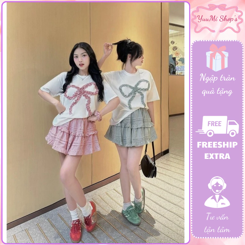 Set đồ nữ,đồ bộ nữ babydoll áo phông tay lỡ cổ tròn phối nơ ngực mix chân váy xòe tầng HCOM2554 YuuMi Style