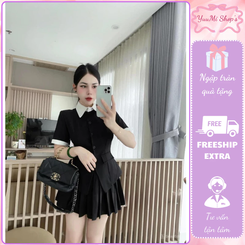 Đồ bộ nữ áo sơ mi tay lỡ phối cổ viền tay trắng mix chân váy xếp ly cạp chun HCOM2727, set đồ nữ tôn dáng YuuMi Style