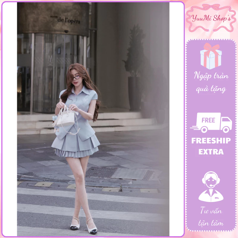 Đồ bộ nữ,set đồ nữ áo sơ mi tay hến thêu nơ ngực phối chân váy xếp ly tầng ôm eo thiết kế nhẹ nhàng HCOM2625 YuuMi Style