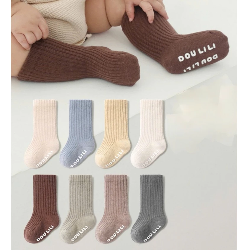 Set 5 Đôi Tất Cotton Gân Tăm  Sơ Sinh Cổ Cao Kèm Chống Trượt  Cho Các Bé ss25