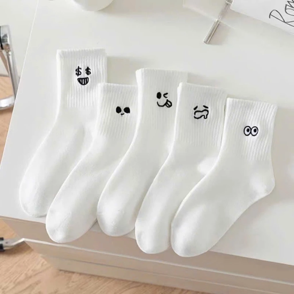 Set  5 Đôi Tất Cotton Cổ Trung Phối Họa Tiết Biểu Cảm Hoạt Hình Siêu Đáng Yêu tt39