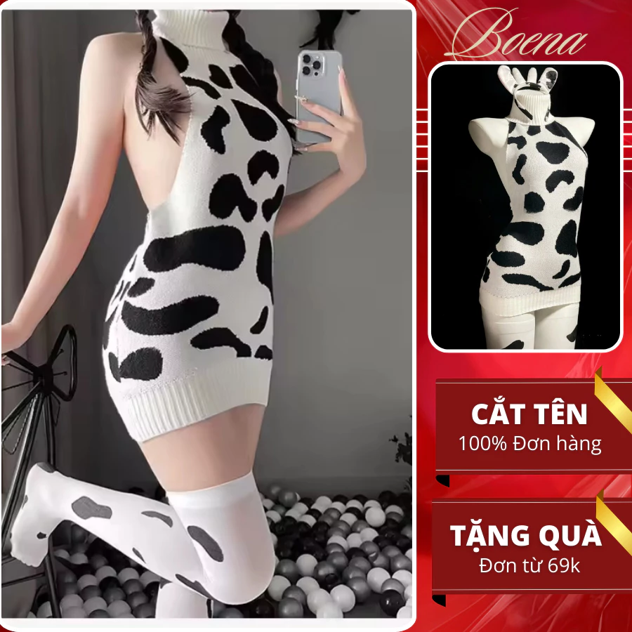 [6816] Đầm Ngủ Cổ Yếm BOENA Đầm Ngủ Họa Tiết Bò Sữa Len Ôm Sát Body Sexy Gợi