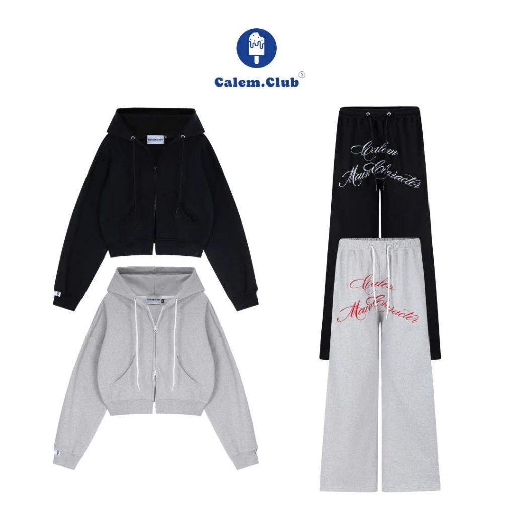 Calem Club - [ Có bán lẻ] Quần dài ống rộng Nỉ Chân Cua dày dặn và Áo Khoác Nỉ Dây Kéo 2 đầu form boxy có chữ in