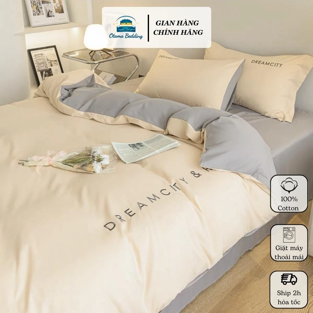 Bộ 4 món vỏ chăn vỏ gối ga trải đệm cotton tici Otama Bedding, ra nệm bo chun màu pastel Hàn Quốc