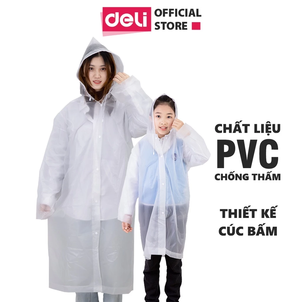 Áo Mưa Trong Suốt Deli - Áo Mưa Cúc Bấm Vải EVA An Toàn Chống Thấm Cao Cấp Áo Mưa Người Lớn Trẻ Em