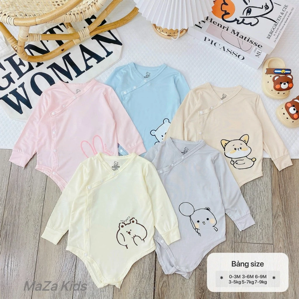 CHIP4. Body Chip dài tay MZ cho bé từ 3-9kg, chất liệu petit mềm mịn, màu trơn khuy bấm