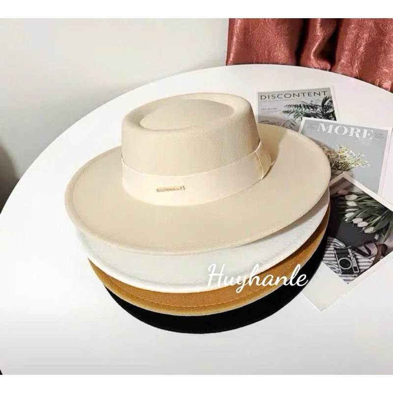 Mũ/ nón nỉ dạ đầu lõm đai nâu, vành 7,5 cm