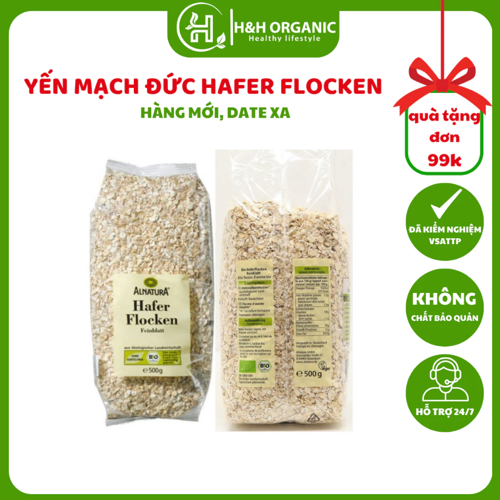Yến mạch Hafer Flocken 500g, nhập khẩu, không chất bảo quản - H&H Organic