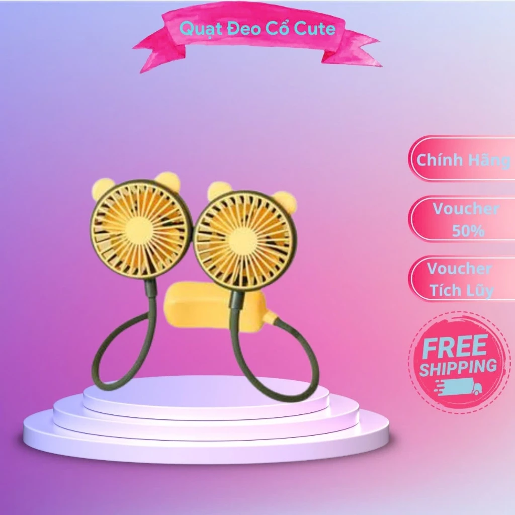 Quạt Đeo Cổ Cute Xoay 360 Độ Có Cánh , Quạt Mini, Tích Điện, Sạc Nhanh, USB, Hai Chế Độ Làm Mát Tai Gấu - QC6