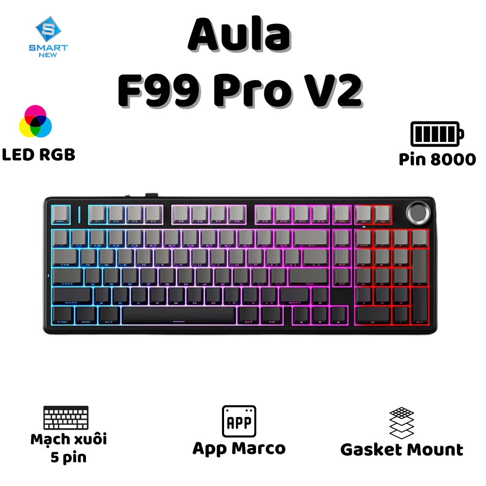 Bàn phím cơ AULA F99 Pro V2- 3 mode kết nối- Mạch xuôi- LED RGB- Hotswap- Hỗ trợ app