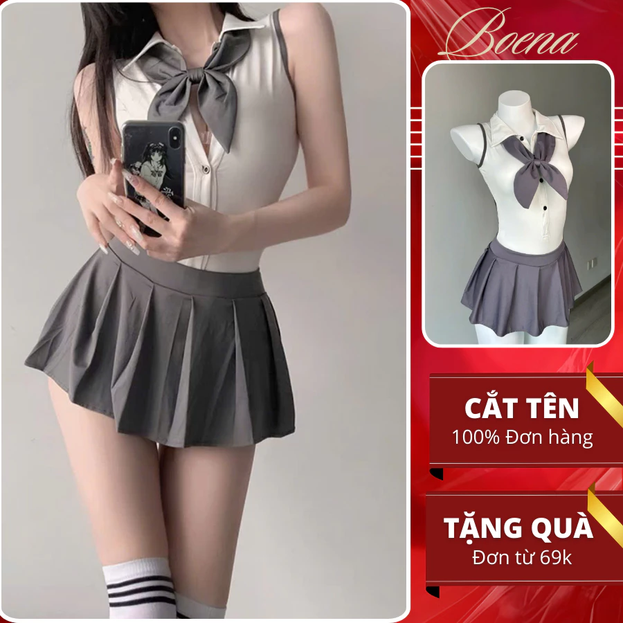 [A16] Set Đầm Ngủ Váy Ngủ Cosplay Học sinh BOENA Trắng Ghi Đính Nơ Gợi Cảm Cao Cấp Tiểu Thư