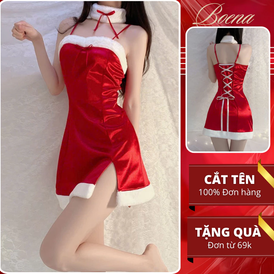 [6888] Đầm Váy Ngủ Noel  BOENA Váy Nhung Nữ Cosplay Sexy Gợi Cảm Set Đồ Noel Cosplay