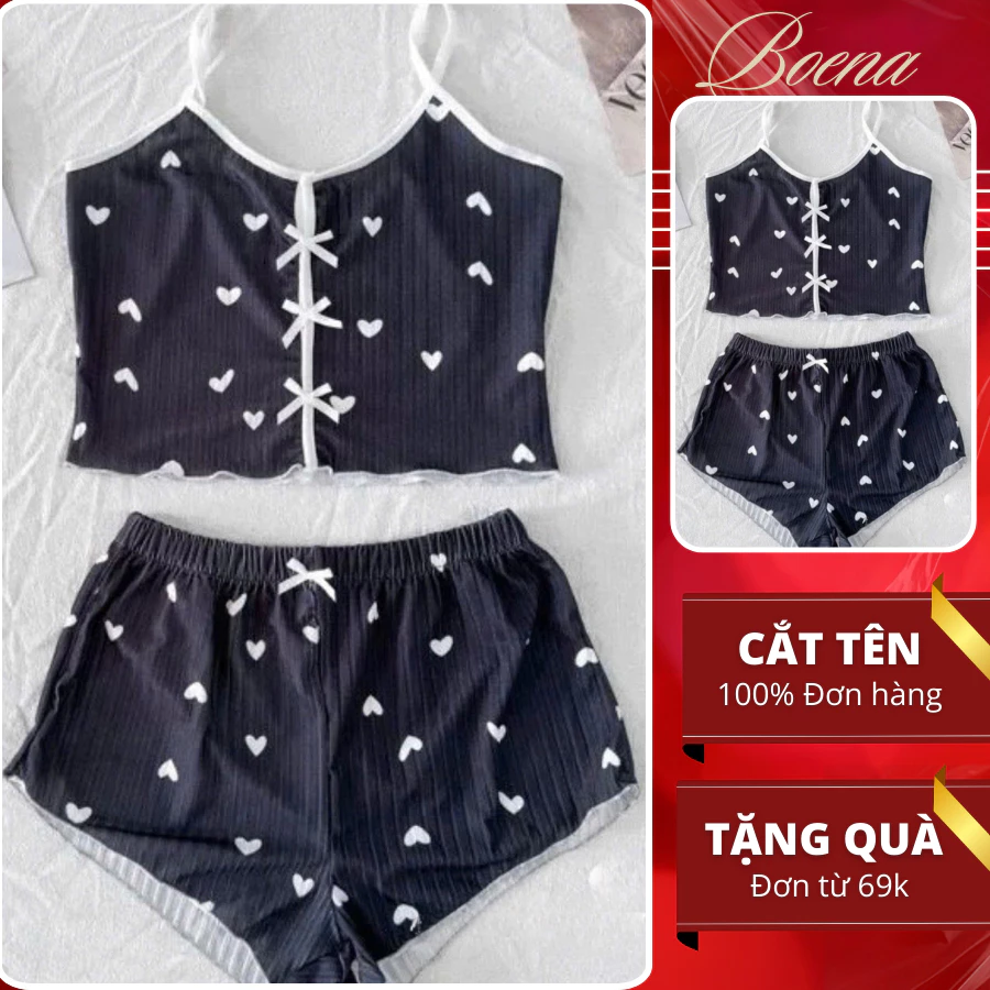 [ĐỦ SIZE - A24] Set bộ ngủ 2 dây THUN TĂM LẠNH Boena Đồ ngủ mặc nhà co giãn thoải mái đính nơ Coquette