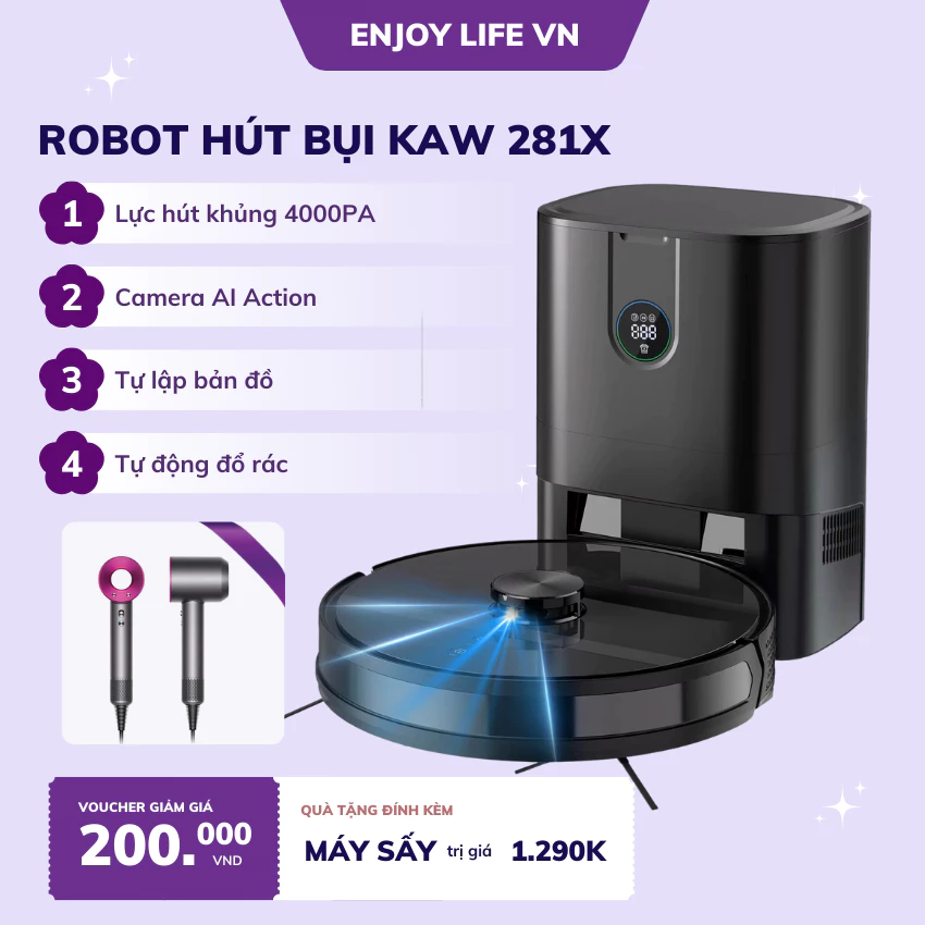 Robot hút bụi thông minh KAW - Cao cấp chính hãng, lực hút 3200Pa, làm sạch 200m², bảo hành 12 tháng