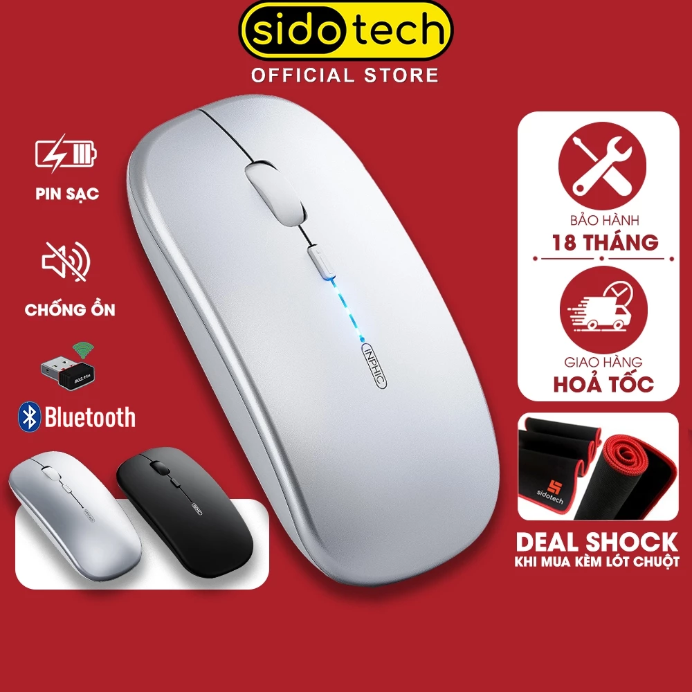 Chuột không dây bluetooth SIDOTECH INPHIC M1PRO pin sạc silent chống ồn led hiện pin laptop macbook ipad pc
