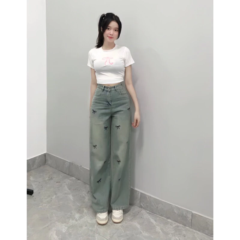(SUÔNG NẤM LÙN ) QUẦN JEANS NỮ THÊU NƠ MÀU DƠ BỤI DÀI 90cm dành cho nấm lùn (<m53)