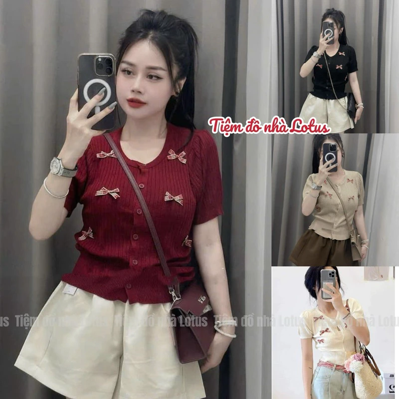 (Hàng QC) Áo Len Croptop Dệt Kim Đính Nơ Siêu Xinh (Tiệm đồ nhà Lotus)