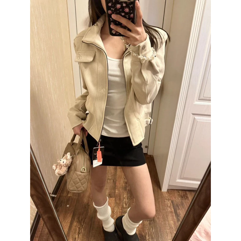[Hình thật-2k36] Áo khoác dạ khoá zip màu Be kem dáng rộng,chất dạ dày dặn đứng form Lilis Room