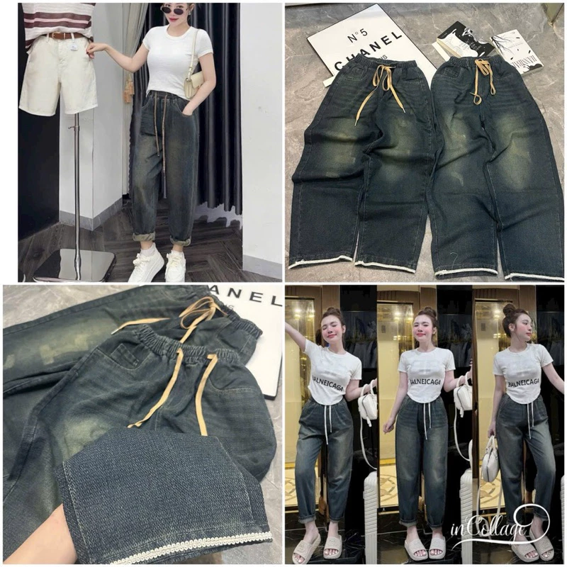 Quần Jeans baggy cạp chun phối ren cạp cao chất đẹp phong cách trẻ trung năng động