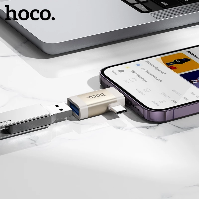 Bộ chuyển đổi mini HOCO UA31F 2 trong 1 từ LN + TYPE-C sang USB OTG, nhỏ gọn, kết nối dễ dàng