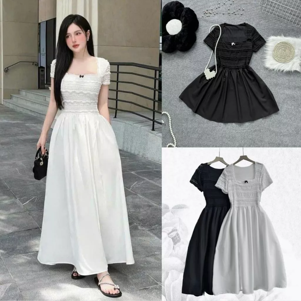 Đầm Thiết Kế Ren Bigsize Nữ Cổ Vuông Đính Nơ Trước Tay Ngắn Nhún Eo Dáng Xòe Thanh Lịch Thời Thượng Sang Trọng G673 G674