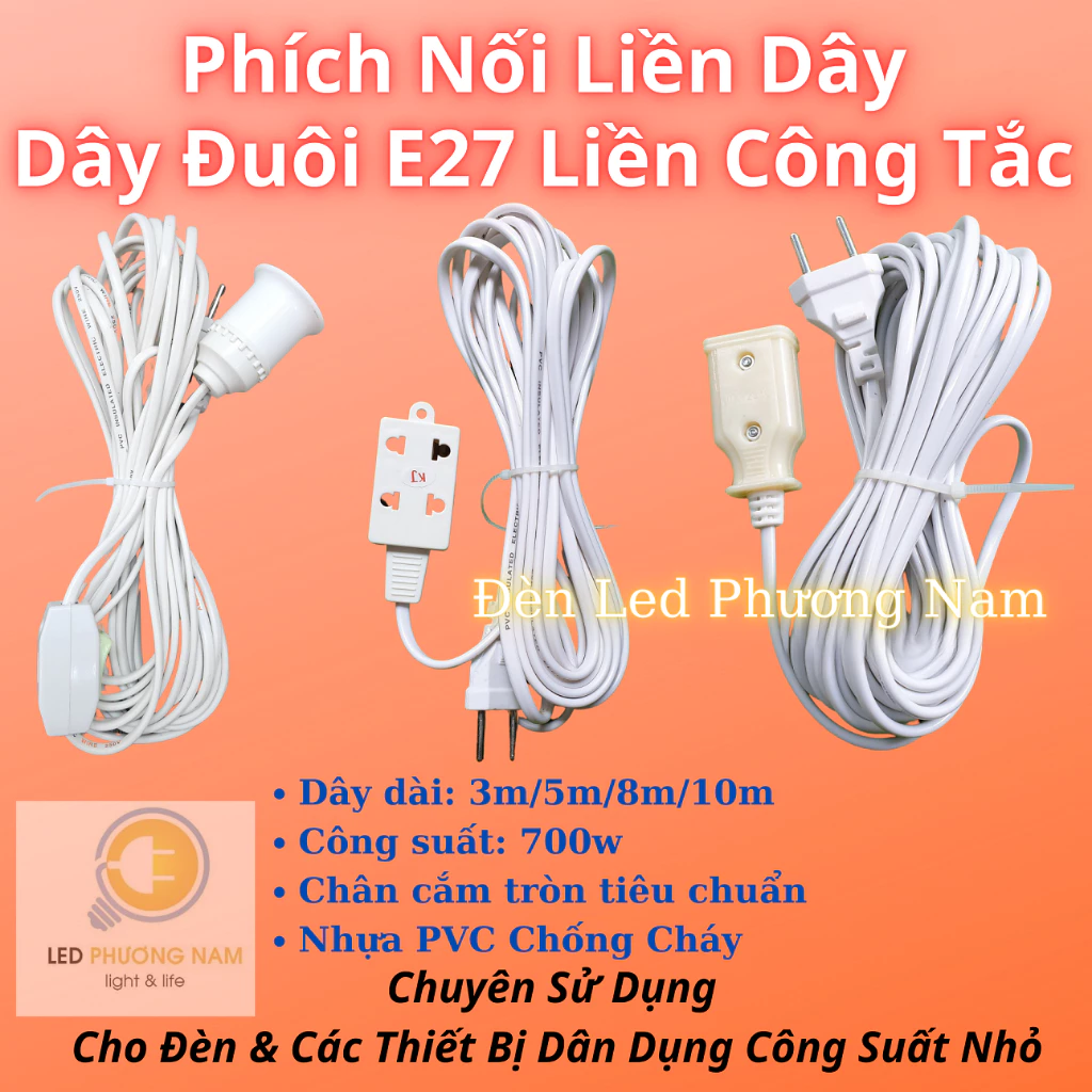 Dây Đuôi Đèn E27 Liền Công Tắc, Dây Phích Nối Liền Dây, Ổ Cắm Lưu Động