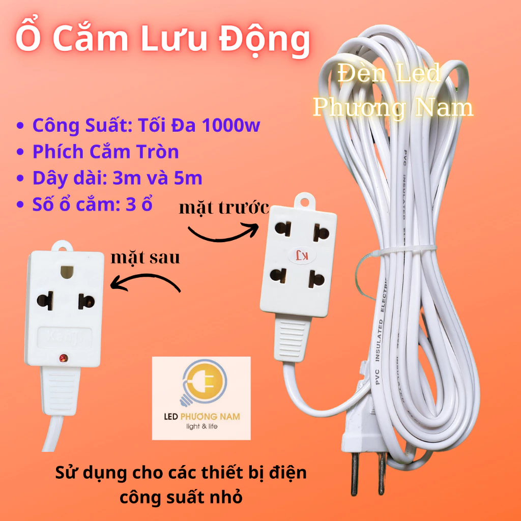 Ổ Cắm Liền Dây Dài 5m (3 ổ cắm), Ổ Cắm Lưu Động mini