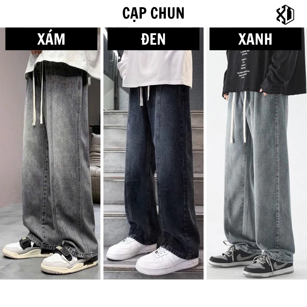Quần jean nam cạp chun ống rộng 3 màu xám đen xanh , dáng suông dây rút có line giữa quần XESINU