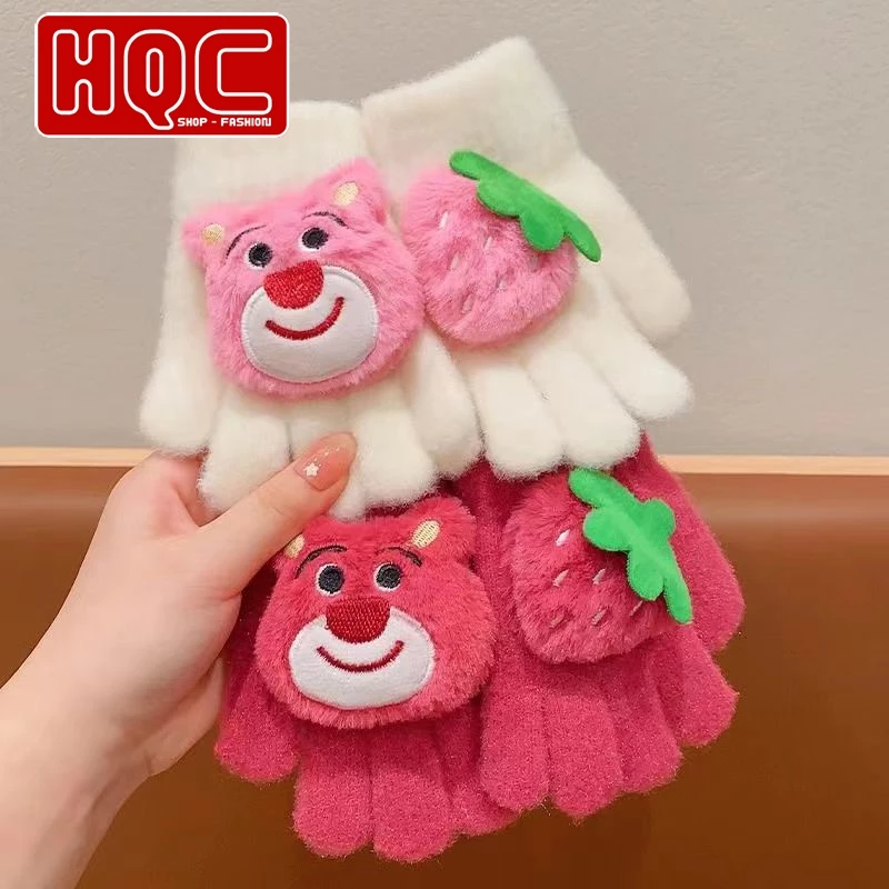 Găng tay gấu dâu họa tiết mùa đông cho bé 2-8 tuổi, găng tay len gấu dâu HQC068