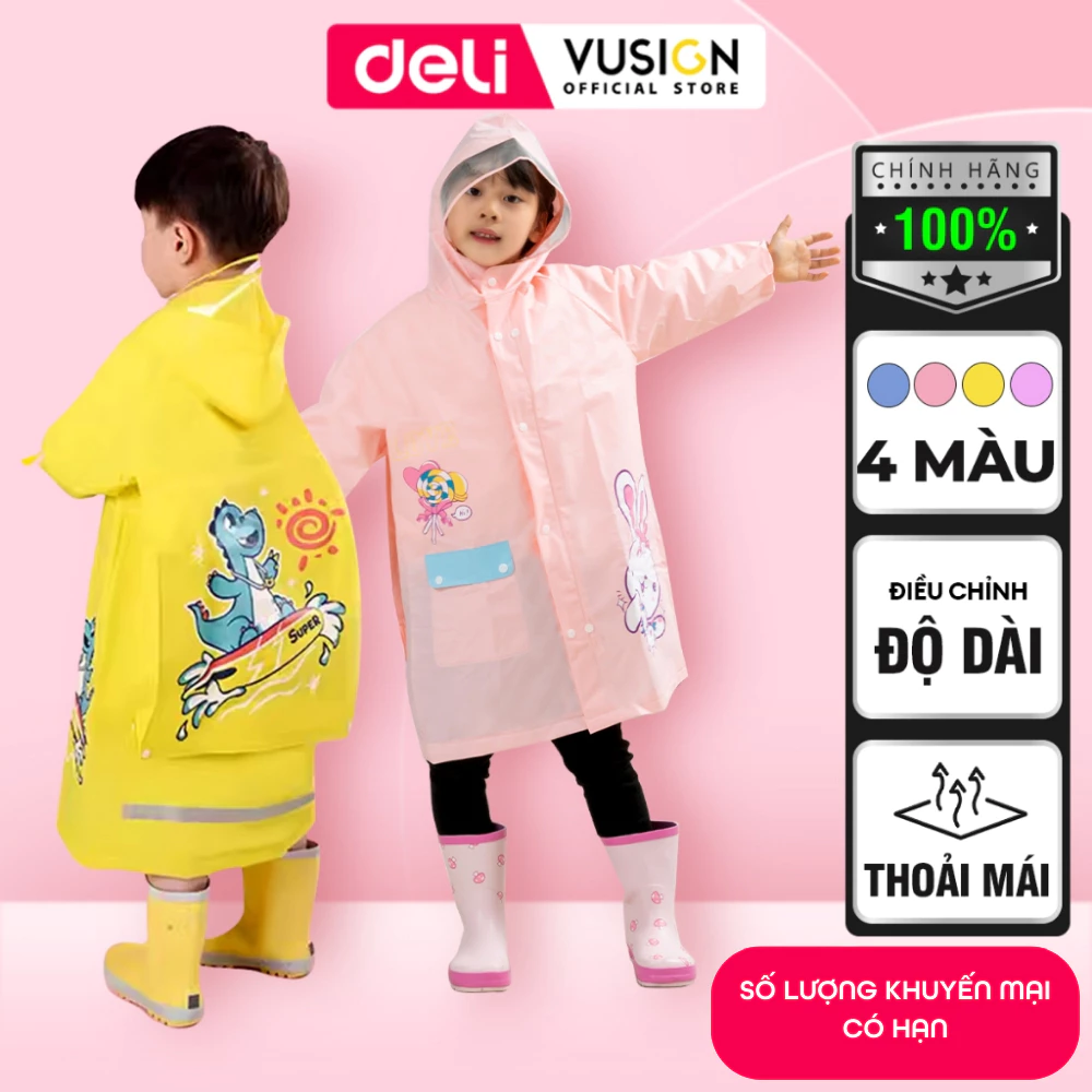 Áo Mưa Cho Bé Cao Cấp DELI Áo Mưa Trẻ Em Cute Có Phản Quang An Toàn, Có Ngăn Đeo Ba Lô Nhiều Màu Sắc
