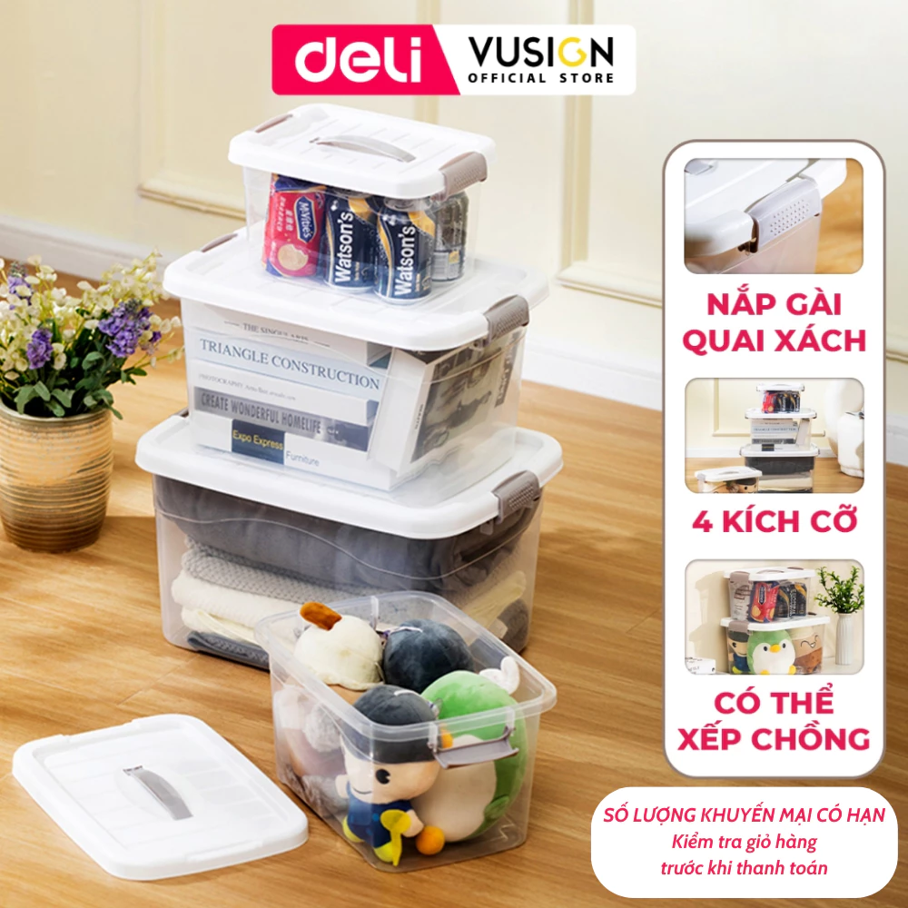 [NEW] Hộp Nhựa Đựng Đồ Trong Suốt Có Nắp Gài DELI - Thùng Nhựa Đa Năng Quần Áo, Đồ Chơi Sách