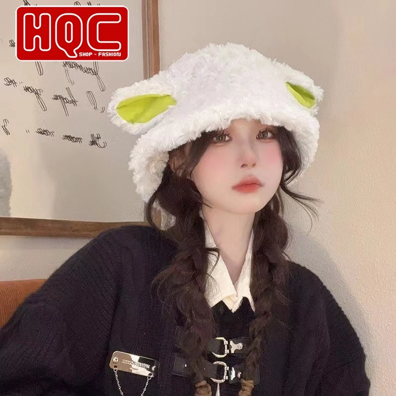 Nón bucket lông cừu tai bèo xanh lá kèm tai đáng yêu chất len dày giữ ấm đầu nhiều màu hot trend HQC074