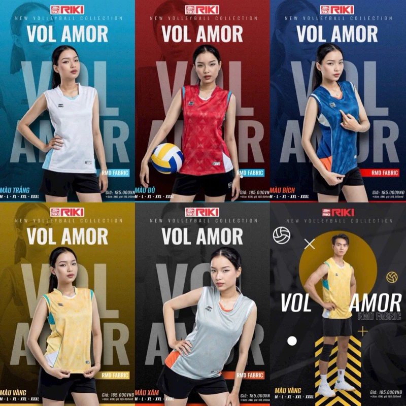 Bộ bóng chuyền 3 lỗ , đồ sách nách nam nữ RIKI VOL 6 Amor chơi bóng chuyền siêu xinh cách vải co dãn thoáng khi siêu mát