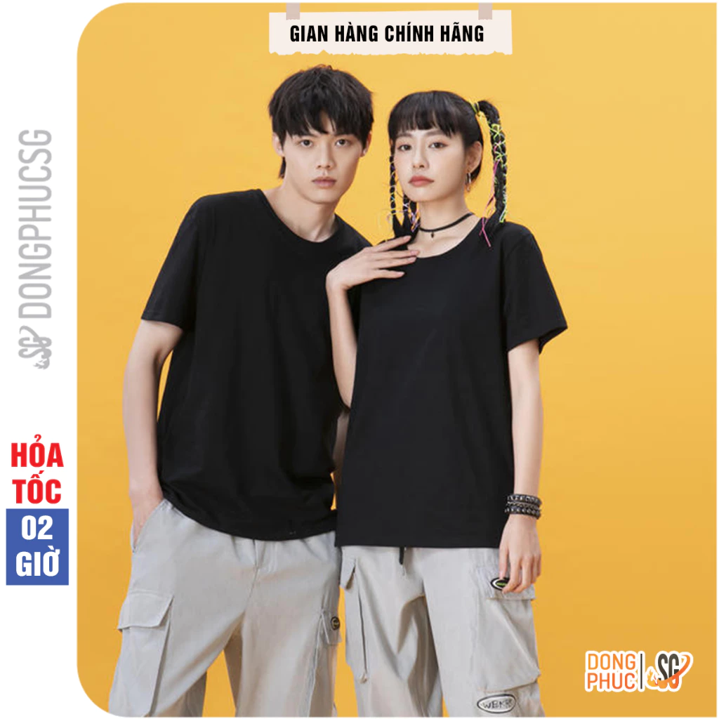 Áo thun trơn màu đen form unisex nam nữ cá tính cổ tròn tay ngắn thun dày dặn ATTĐ | DONGPHUCSG
