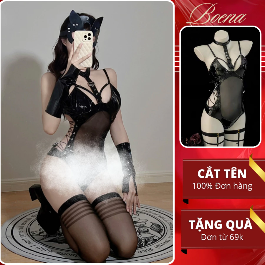 [A01-6907] Bộ đồ Bodysuit BOENA Da PU 2 Dây Phối Lưới Xuyên Thấu, Váy Da Sexy Hở Lưng Gợi Cảm