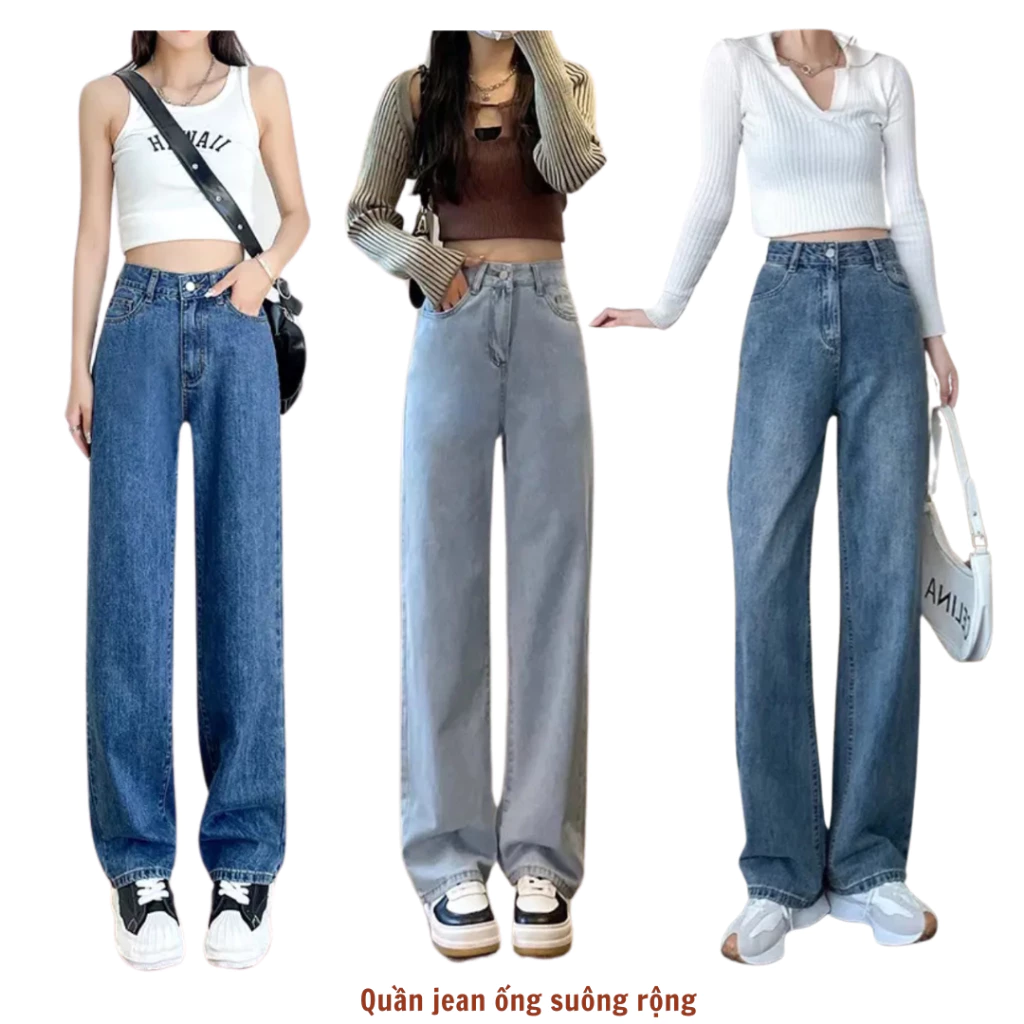 Quần Jean Nữ Lưng Cao Ống Rộng 4 Màu