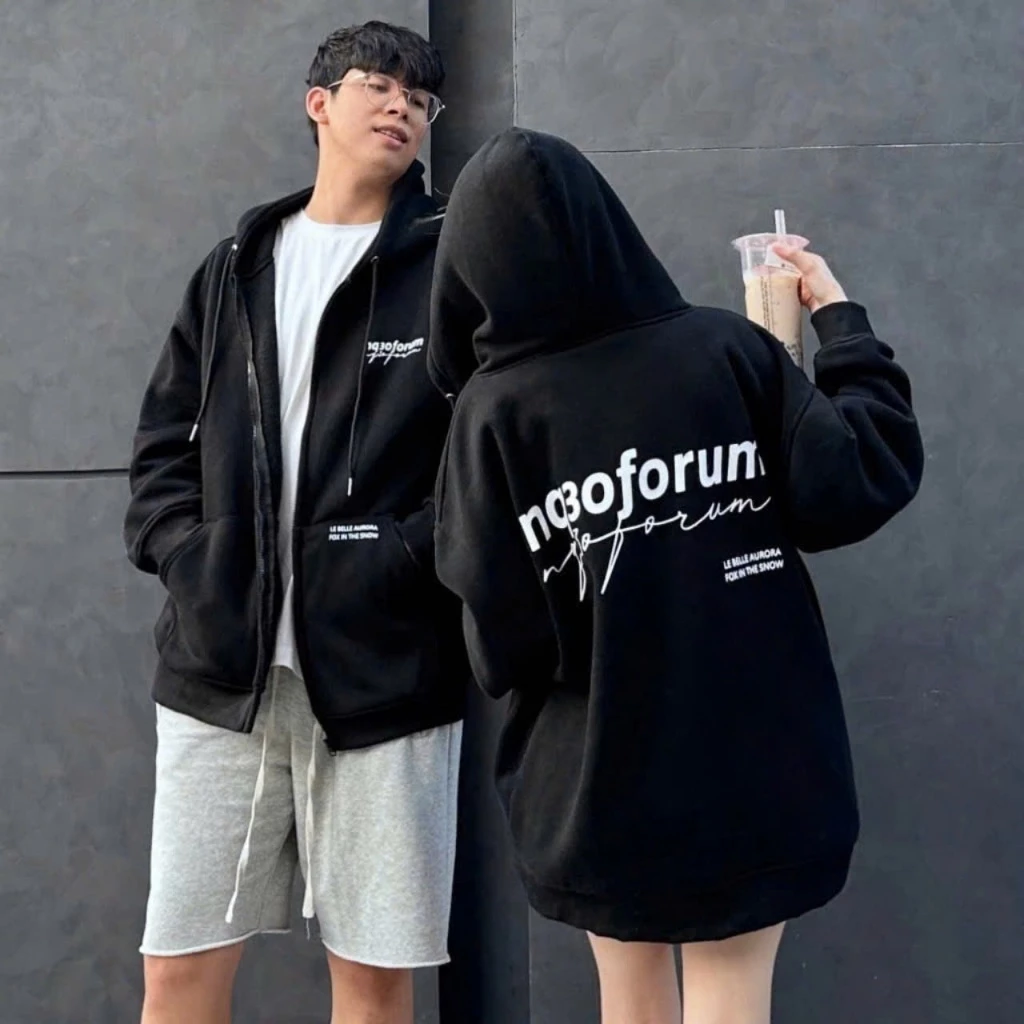 Áo Khoác Phản Quang Phát Sáng Chữ Thun Len Nỉ tay Dài Kiểu Unisex Nam Nữ Chống Nắng, Áo Hoodie Dây Kéo Zip Jacket Đen