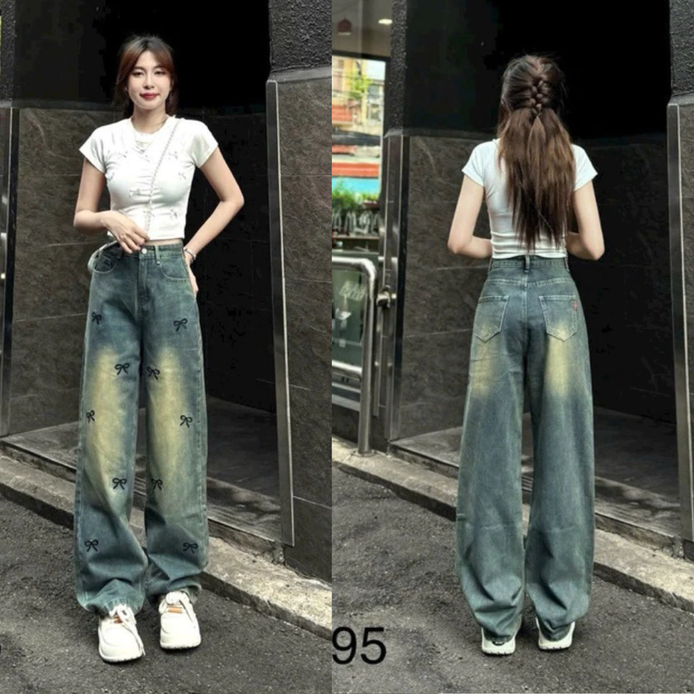 Quần jeans suông thêu nơ siêu xinh, quần bò nữ ống suông lưng cao dáng dài phong cách Hàn Quốc mã QS15